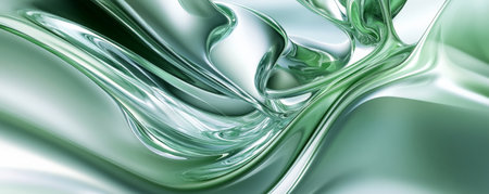 A sleek 3D abstract background with swirling, wave-like shapes in shades of green and silver. The design conveys a sense of fluidity and innovation, with a smooth, reflective finish.の素材
