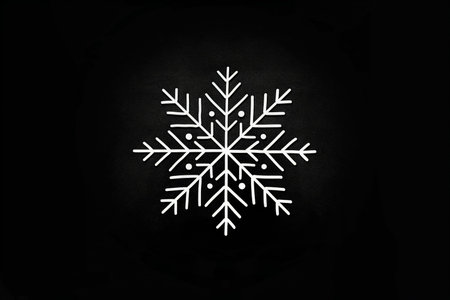 A simple white line drawing on a black background of a snowflake, each arm delicately designed. The minimalist design enhances the unique beauty of the snowflake.の素材