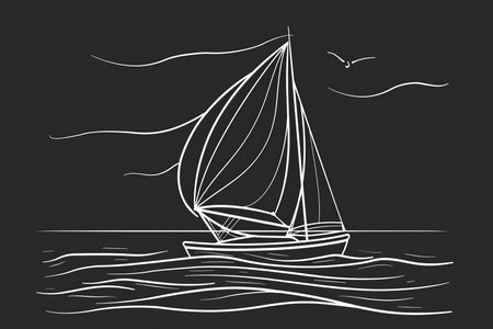 A simple white line drawing on a black background of a sailboat with sails full of wind. The design captures the serene feeling of a peaceful day at sea.の素材