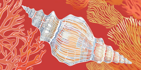 A simple white line drawing on a coral background of a seashell with delicate ridges. The vibrant color highlights the beauty of the ocean's treasures.の素材