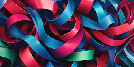A vibrant 3D background with twisting ribbons in bright shades of red, blue, and green. The ribbons flow dynamically, adding a lively, energetic feel to the scene.の素材