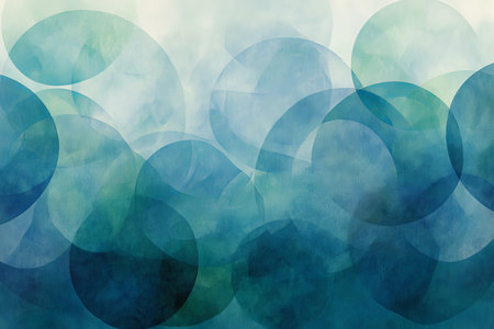 A modern abstract art backdrop with overlapping translucent circles in various shades of blue and green. The layered effect creates a sense of depth and complexity, making it perfect for a contemporary, tranquil atmosphere.の素材