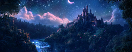 A magical cartoon backdrop of a fantasy castle perched on a hill, surrounded by a dense forest and a sparkling river. The sky is filled with stars, and a crescent moon shines above.の素材