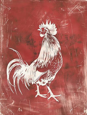 A minimalist white line sketch of a rooster crawling, placed against a deep, barn red background with a subtle, rustic texture. The strong, confident lines of the rooster convey a sense of energy and morning vitality.の素材