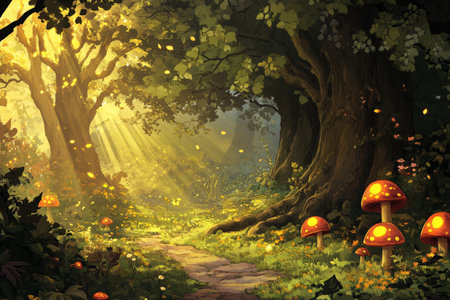 A whimsical cartoon backdrop of a dense forest with towering trees, a winding path, and glowing mushrooms. Sunlight filters through the leaves, creating a magical atmosphere.の素材