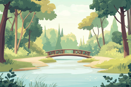 A peaceful cartoon riverside landscape with a calm, flowing river, tall trees lining the banks, and a small wooden bridge crossing the water. The scene is tranquil and serene, with a soft, pastel color palette and a gentle breeze.の素材