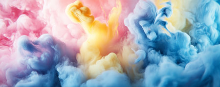 A vibrant 3D scene featuring an explosion of watercolor paints in hues of blue, pink, and yellow. The paints mix and flow together, creating a beautiful, fluid abstract design.の素材