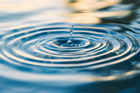 A transparent water surface with smooth, subtle ripples that radiate outwards in perfect harmony. The clear water reflects the light, creating a sparkling effect that is both calming and refreshing. Perfect for spa or wellness themes.の素材