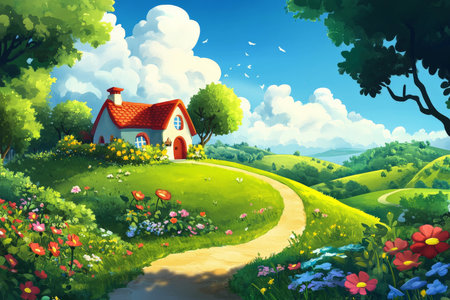 A vibrant cartoon landscape with rolling green hills, a bright blue sky, and a quaint little house with a red roof. A winding path leads up to the house, surrounded by colorful flowers and trees swaying gently in the breeze.の素材