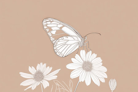 A simple white line drawing of a butterfly perched on a flower, with wings spread wide and delicate lines outlining the scene. The minimalist design highlights the beauty of nature.の素材