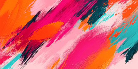 A striking bright abstract background with energetic brushstrokes in neon pink, orange, and turquoise. The design has a playful and modern feel with vivid, overlapping colors.の素材