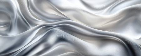 A sophisticated abstract background featuring silky, 3D wave patterns in shades of silver and white. The fabricÃ¢â¬â¢s smooth, flowing texture adds a modern, elegant touch.の素材