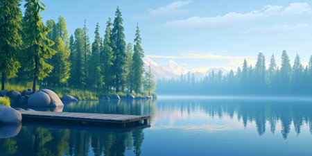 A tranquil cartoon backdrop of a lakeside with tall trees lining the shore, a calm, reflective surface, and a small dock extending into the water. The scene is peaceful and serene.の素材