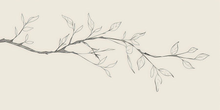A simple white line drawing of a tree branch with a few leaves gently hanging. The clean lines and minimalist design create a peaceful and natural scene.の素材