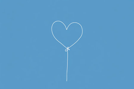 A simple white line drawing of a heart-shaped balloon floating upwards. The minimalist design captures the joy and lightness of the floating balloon.の素材
