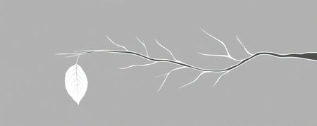 A simple white line drawing of a tree branch with a single leaf hanging from it. The clean lines and minimalist design create a peaceful and natural scene.の素材