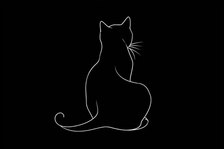 A simple white line drawing on a black background of a cat sitting with its tail curled around its body. The contrast brings out the calm and poised nature of the feline.の素材