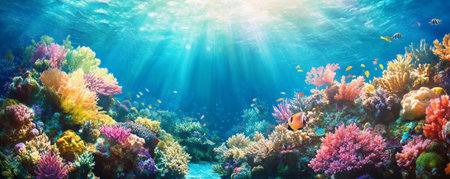 A tropical ocean bottom with a vibrant coral reef teeming with life. The colorful corals form intricate structures, providing shelter for schools of fish and other marine creatures. Sunlight dances across the scene, highlighting the rich biodiversity.の素材
