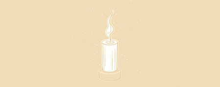 A simple white line drawing on an ivory background of a candle with a small flame. The soft color emphasizes the warmth and comfort of the glowing light.の素材