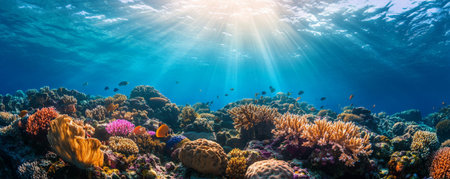 A tropical ocean bottom with a vibrant coral reef teeming with life. The colorful corals form intricate structures, providing shelter for schools of fish and other marine creatures. Sunlight dances across the scene, highlighting the rich biodiversity.の素材