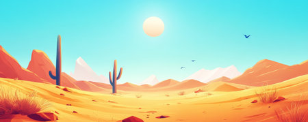 A vibrant cartoon backdrop of a desert landscape with towering sand dunes, a bright sun, and a lonely cactus standing tall. The sky is a clear blue, with a few flying overhead.の素材