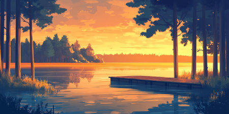 A tranquil cartoon lake landscape with tall, shady trees lining the shore, a calm, reflective surface, and a small wooden dock extending into the water. The scene is peaceful and serene, with a soft sunset glow.の素材