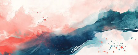 A trendy abstract design with layered textures and organic shapes. The composition includes elements like watercolor washes, ink splatters, and soft gradients, creating a rich, dynamic visual experience.の素材