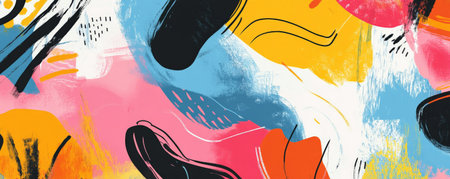 Abstract backdrop with a playful mix of bright, overlapping shapes and lines in various colors. The design is energetic and fun, with a childlike spontaneity that makes it perfect for creative spaces or contemporary art pieces.の素材