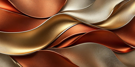 An elegant 3D scene featuring intertwined ribbons in hues of gold, copper, and bronze. The ribbons have a polished texture and create a sophisticated, luxurious look.の素材