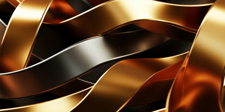 An elegant 3D scene with twisting ribbons in shades of gold, bronze, and copper. The ribbons have a luxurious, polished texture with a sophisticated look.の素材