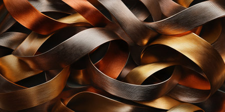 An elegant 3D scene featuring intertwined ribbons in hues of gold, copper, and bronze. The ribbons have a polished texture and create a sophisticated, luxurious look.の素材