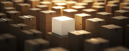 A white box surrounded by numerous cardboard boxes, all arranged in an orderly fashion. The white box is illuminated with a spotlight, making it the focal point of the composition.の素材