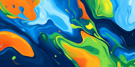 An energetic bright abstract background featuring vivid colors in blue, orange, and green. The design has a dynamic, playful quality with bold color contrasts.の素材