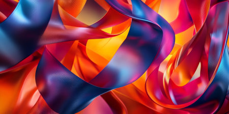 An energetic 3D scene with twisting ribbons in vibrant shades of red, orange, and blue. The ribbons flow dynamically, adding a sense of excitement and movement.の素材