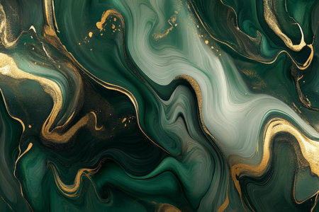 An exquisite abstract background with elegant swirls in shades of deep green and gold. The design features a high-end, refined look with gentle, fluid textures.の素材