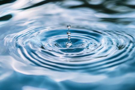 Clear water with gentle ripples caused by a single drop, forming a mesmerizing pattern. The water is so clear you can almost see through it, with light blue hues dominating the palette. Perfect for calming, nature-inspired projects.の素材