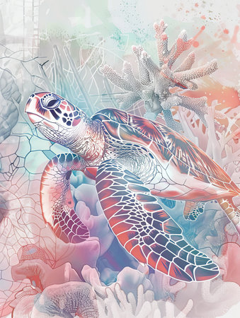 Pure white line art of a turtle on a coral reef textured background with soft color transitions. The turtle is shown in a relaxed, gliding pose.の素材