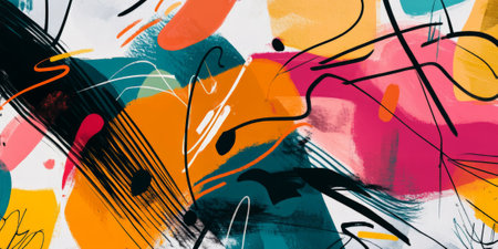 Modern abstract backdrop featuring a chaotic mix of scribbles, lines, and shapes in a range of vibrant colors. The design is energetic and full of movement, making it perfect for dynamic, creative spaces.の素材
