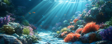 The ocean bottom scene with a rocky terrain, covered in vibrant corals and sea anemones. Small fish dart in and out of crevices, while rays of sunlight filter down from the surface, casting dappled light on the underwater landscape.の素材