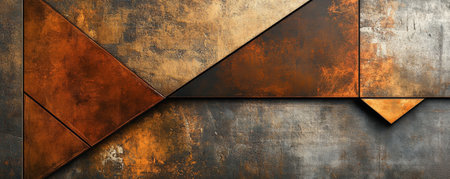 Abstract art backdrop with a blend of metallic textures and bold, angular shapes in shades of copper, bronze, and gold. The design is rich and luxurious, with a modern, industrial edge, perfect for high-end, contemporary interiors.の素材