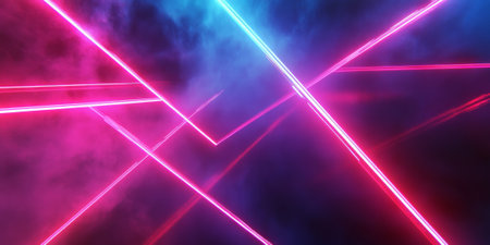 An abstract futuristic scene with intersecting laser beams in bright neon colors against a dark gray background. The beams create a sense of movement and high-tech energy.の素材