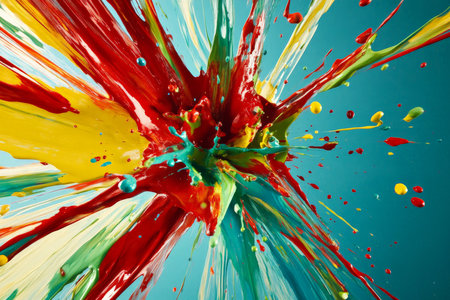 An energetic splash of bright paints in red, turquoise, and lime green. The paints explode outward with vivid, high-contrast colors and create a lively, abstract visual.の素材