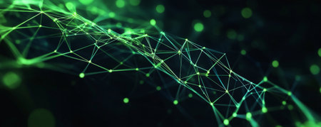 Futuristic web design backdrop with a black, glossy background and glowing, neon green lines forming an abstract network. The design is sleek and cutting-edge, ideal for tech startups or digital services.の素材