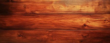Polished wooden backdrop made of smooth cherry wood planks with a rich, reddish-brown hue. The wood has a glossy finish with minimal grain visible. Light reflects gently off the surface, creating a warm and inviting atmosphere.の素材