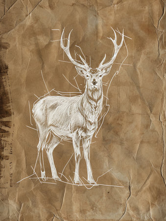 White line drawing of a deer on a rustic brown textured paper background. The deer is depicted with antlers raised in a proud stance.の素材