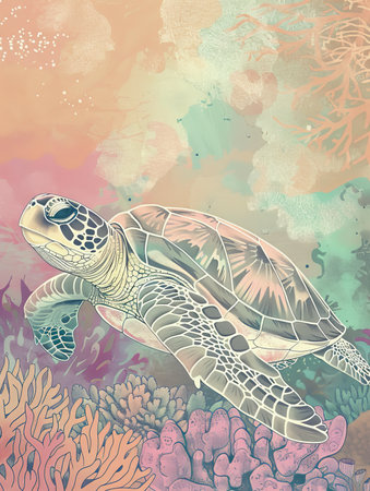 Pure white line art of a turtle on a coral reef textured background with soft color transitions. The turtle is shown in a relaxed, gliding pose.の素材