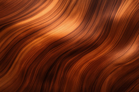 Warm mahogany wooden backdrop with rich, reddish-brown tones and a satin finish. The wood grain is smooth and flowing, creating a luxurious, elegant background. Light casts subtle reflections across the surface, enhancing its depth.の素材