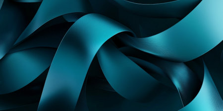 An abstract 3D background with twisting ribbons in gradient hues of teal and navy. The ribbons have a sleek, smooth texture and create a contemporary, calming atmosphere.の素材