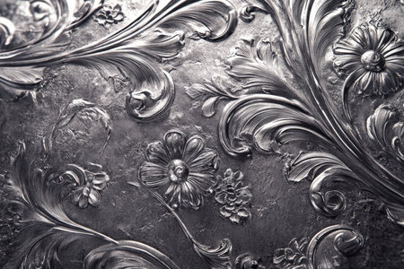 A silver textured surface with intricate, engraved designs, creating an ornate, three-dimensional effect that enhances the richness.の素材