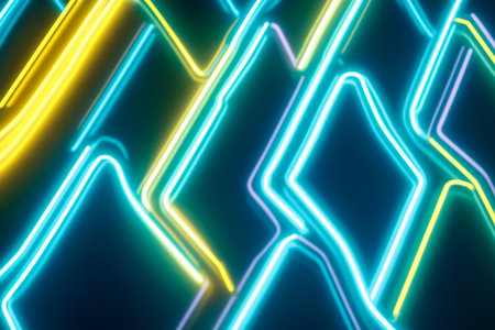 A neon lighting background with overlapping zigzag lines of neon yellow and cyan, creating a sharp, electrifying visual effect.の素材
